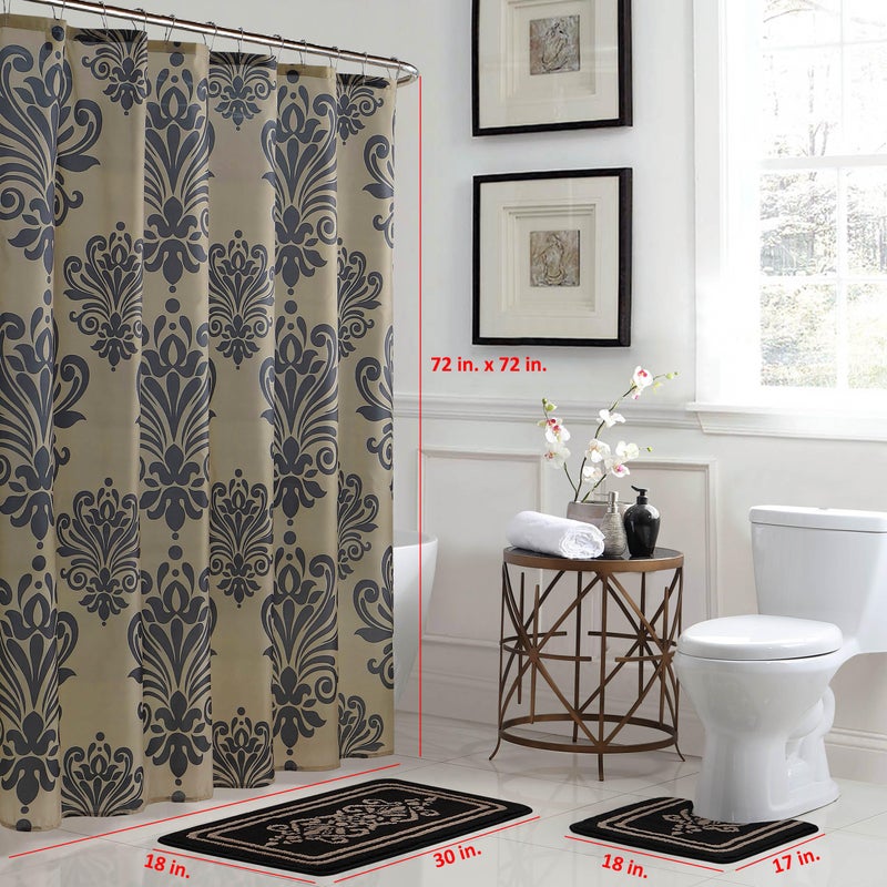 Creative Home Ideas 15-Piece Bathroom Shower Curtain Set â€“ Set of 1 Shower Curtain & 12 Metal Hooks & 1 Bath Mat & 1 Contour Mat, Modern Bathroom DÃ©cor, Machine Washable, Reverly Black/Linen - Image 5